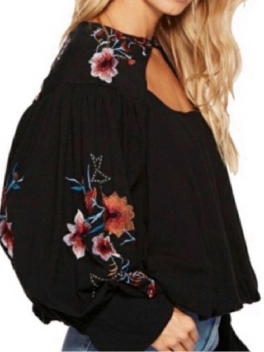 Free People Lita Top Size Small NWT Black Embroidered Cutout Boho Balloon Sleeve - Picture 4 of 9